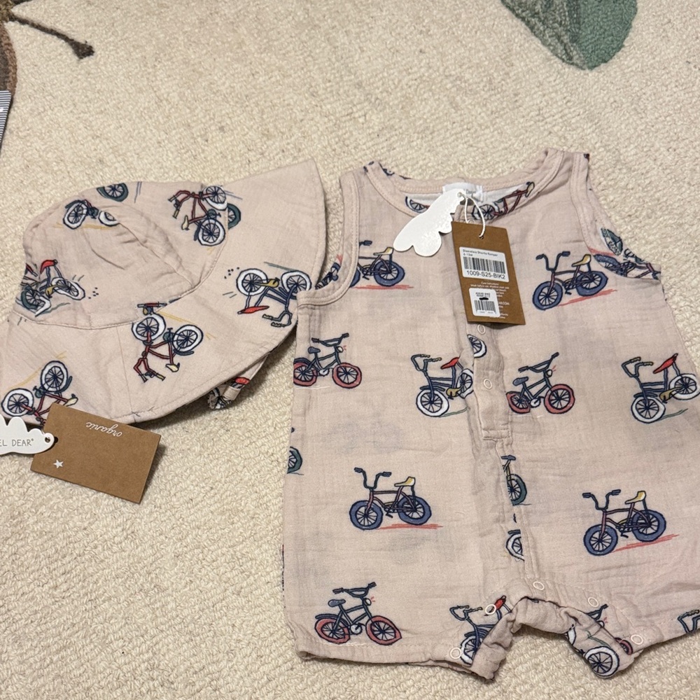Angel Dear Cream and Blue Bicycle Print One Piece and Hat Set